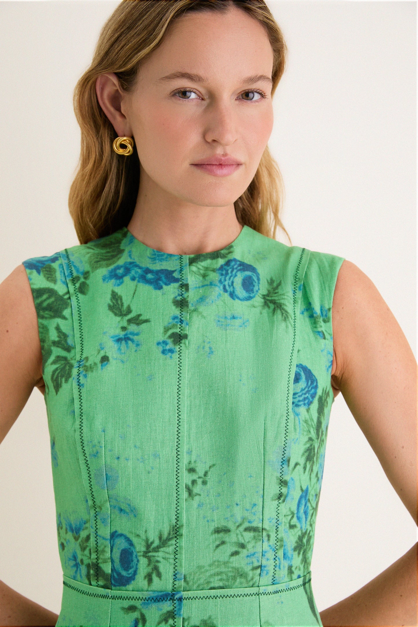 Rose Bouquet Sea Green Floral Print Linen Pencil Midi Dress