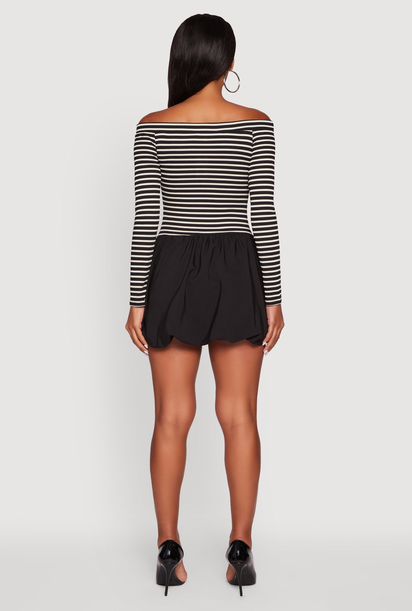 Striped Off The Shoulder Long Sleeve Bubble Hem Dress