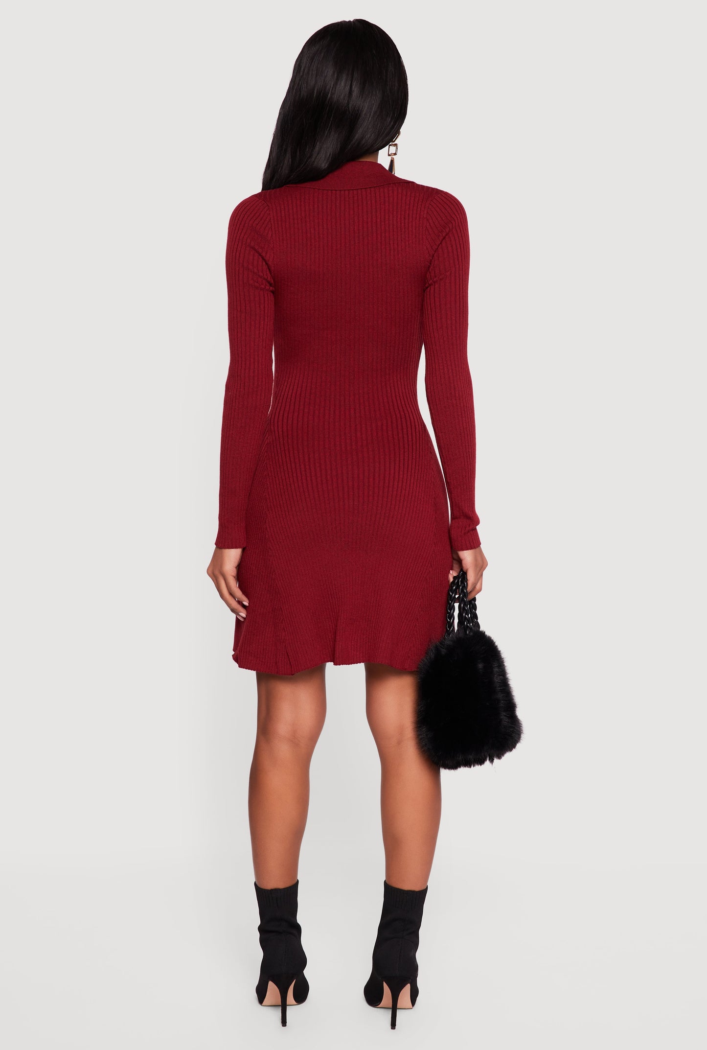 Rib Knit Long Sleeve Polo Sweater Dress