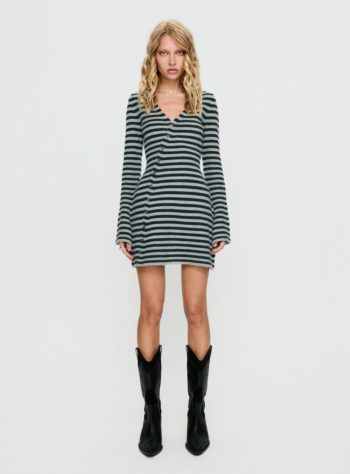 Morgen Asymmetrical Long Sleeve Mini Dress Grey / Green Stripe