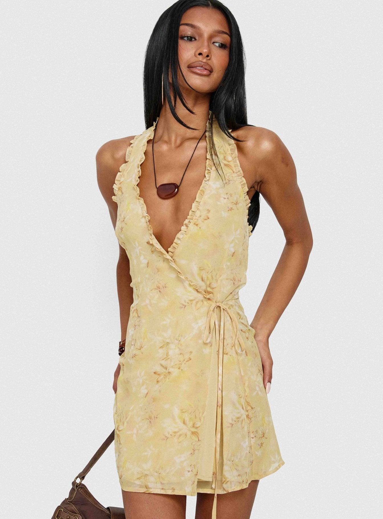 Taija Wrap Mini Dress Yellow Floral