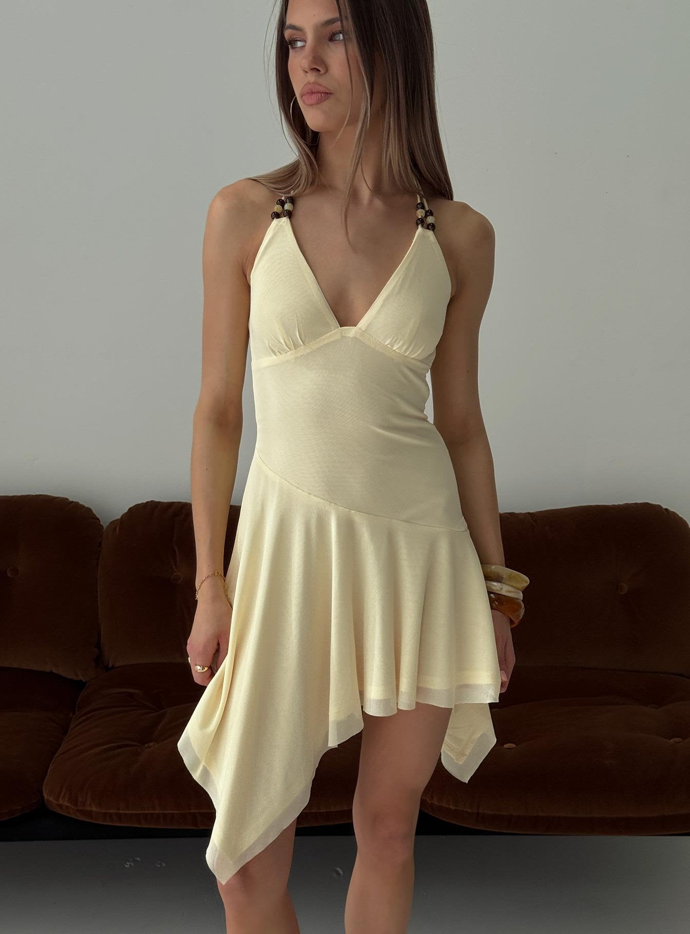 Rush Beaded Asymmetrical Halter Mini Dress Yellow