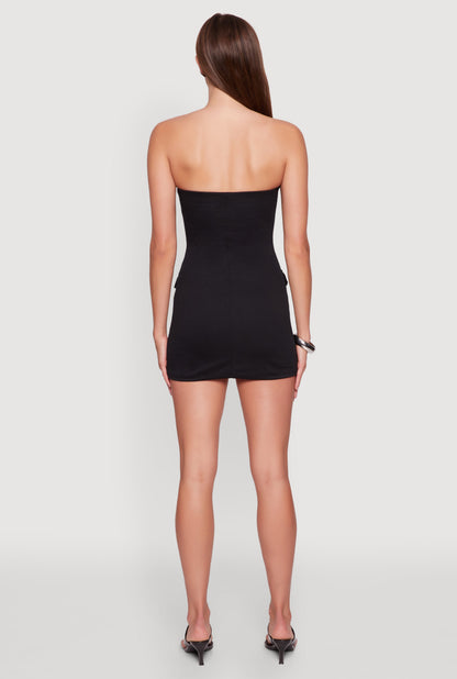 Ribbed Knit Zip Front Cargo Pocket Tube Dress