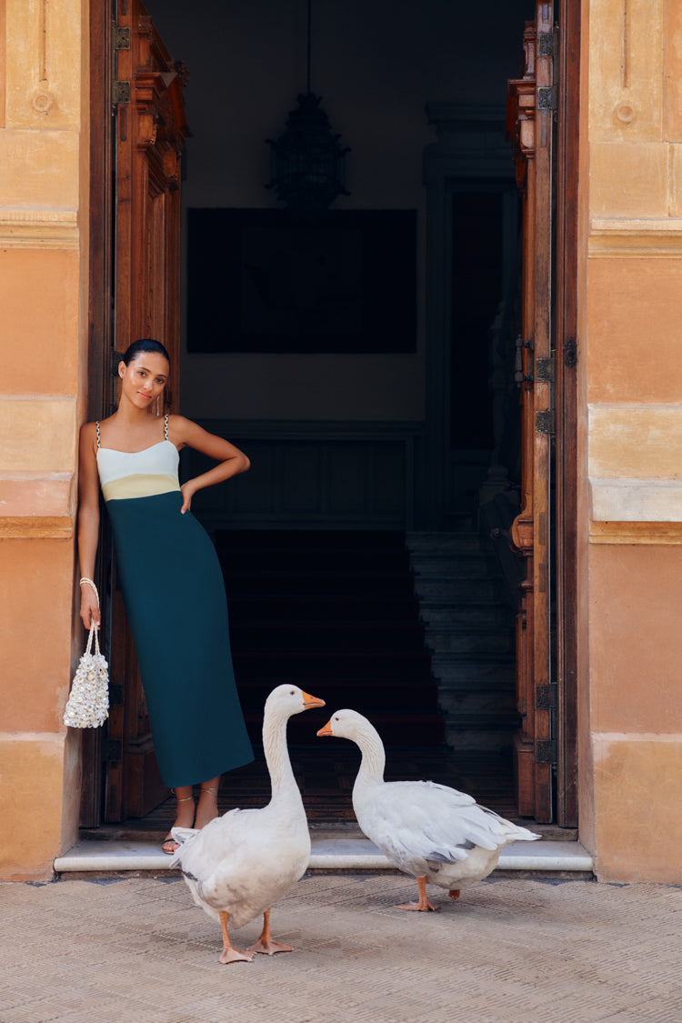 Ocean Mist Colorblock Linen Hailey Maxi Dress