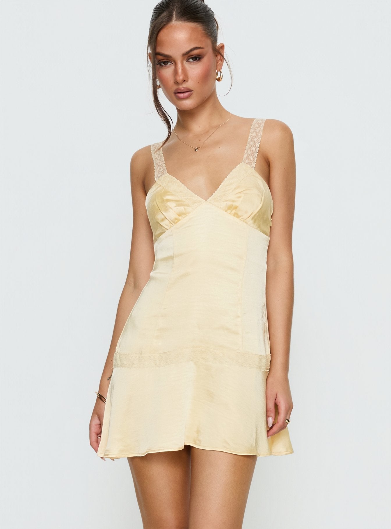 Sybelle Lace Drop Waist Mini Dress Yellow