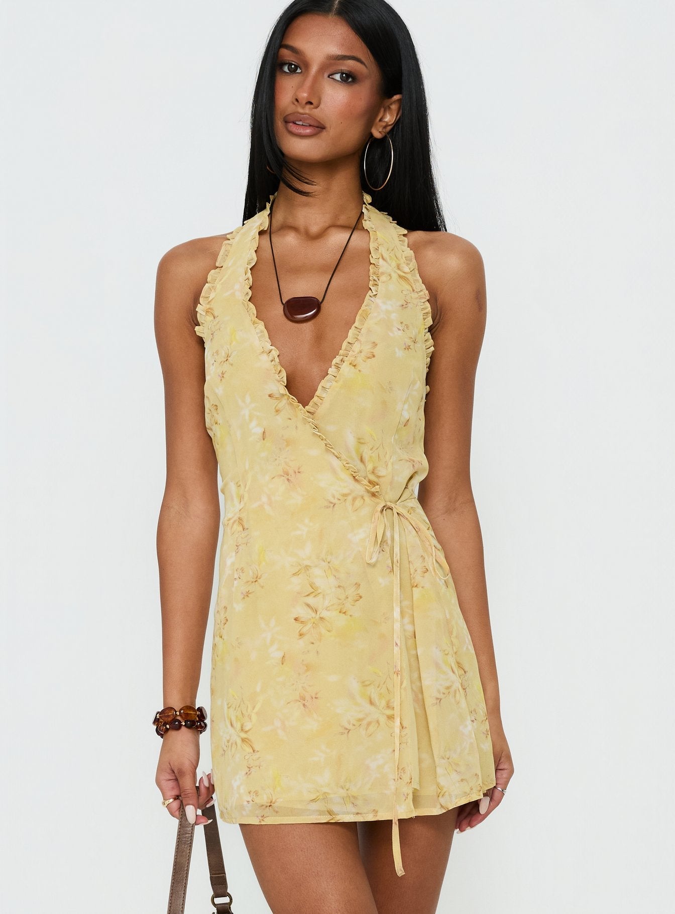 Taija Wrap Mini Dress Yellow Floral