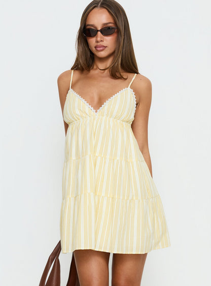 Summer Air V Neck Tiered Mini Dress Yellow