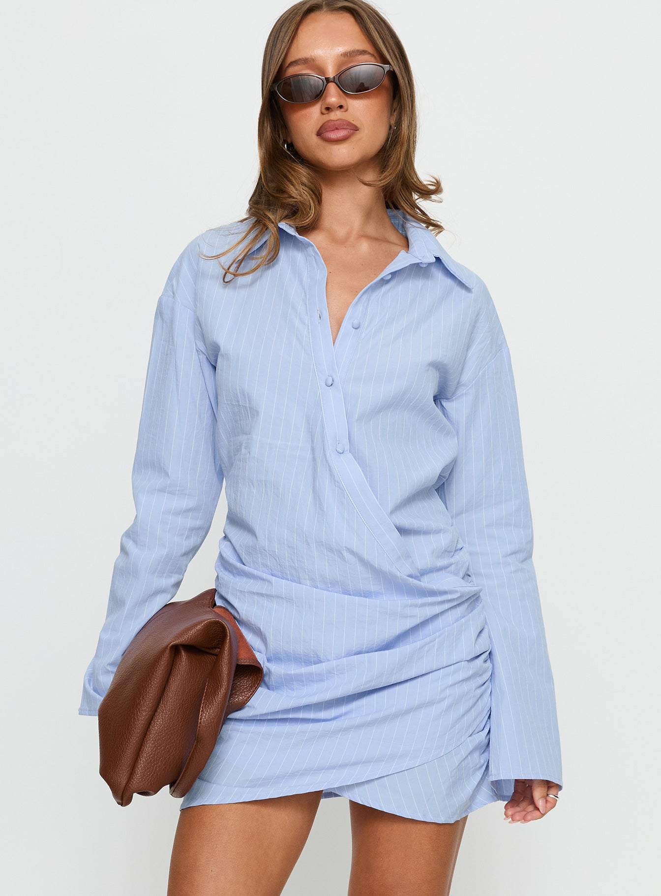 Well Versed Long Sleeve Ruched Shirt Mini Dress Blue