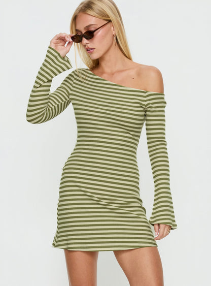 Adrietta Long Sleeve Off Shoulder Mini Dress Cream / Matcha Stripe