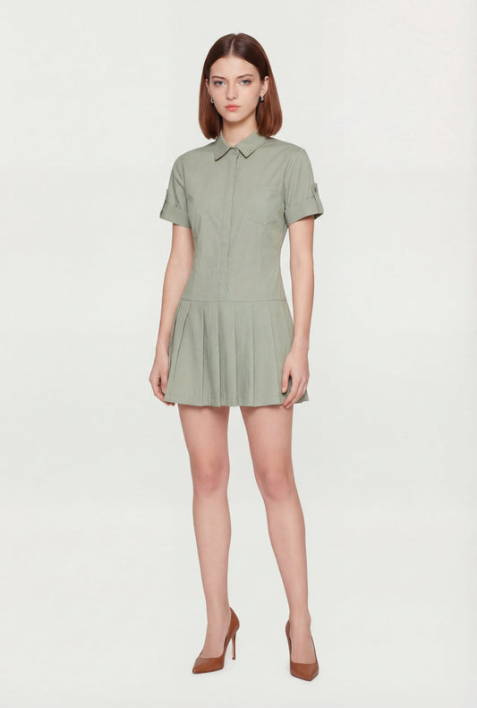 Poplin Short Sleeve Skater Shirt Dress