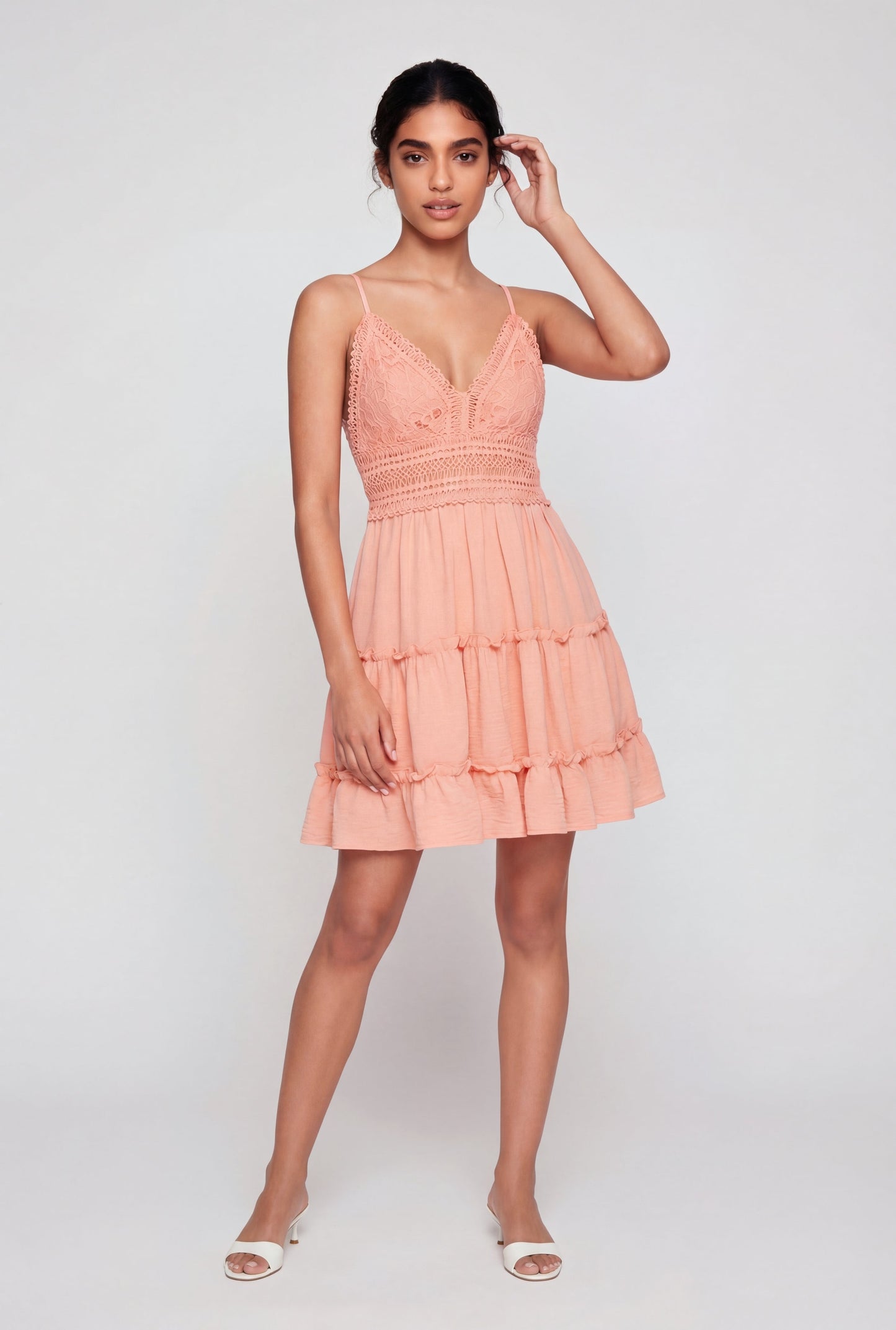 Tie Back Keyhole Ruffle Tiered Mini Dress