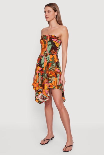 Tropical Print Handkerchief Hem Smocked Strapless Dress