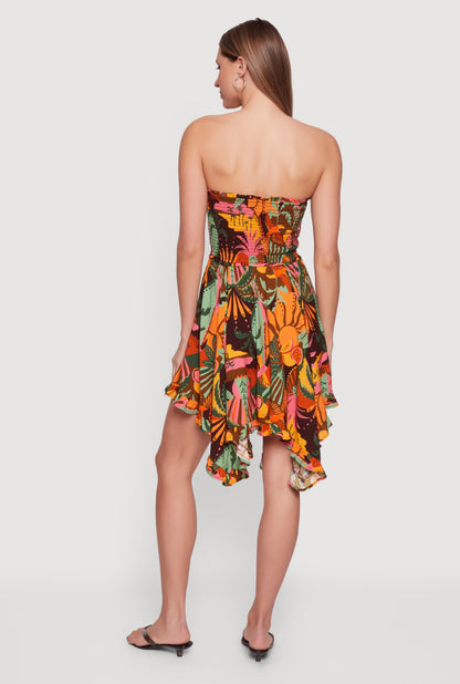 Tropical Print Handkerchief Hem Smocked Strapless Dress