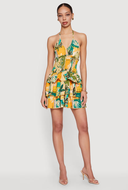 Tropical Border Print Smocked Tiered Ruffle Halter Dress