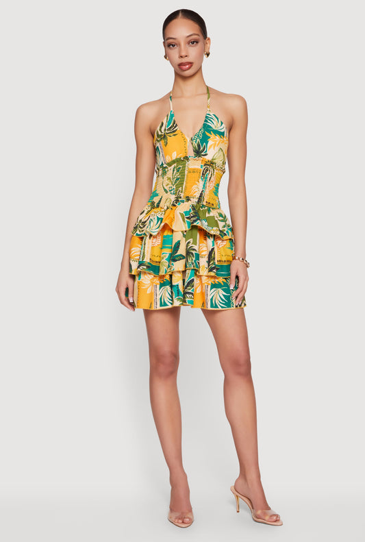 Tropical Border Print Smocked Tiered Ruffle Halter Dress