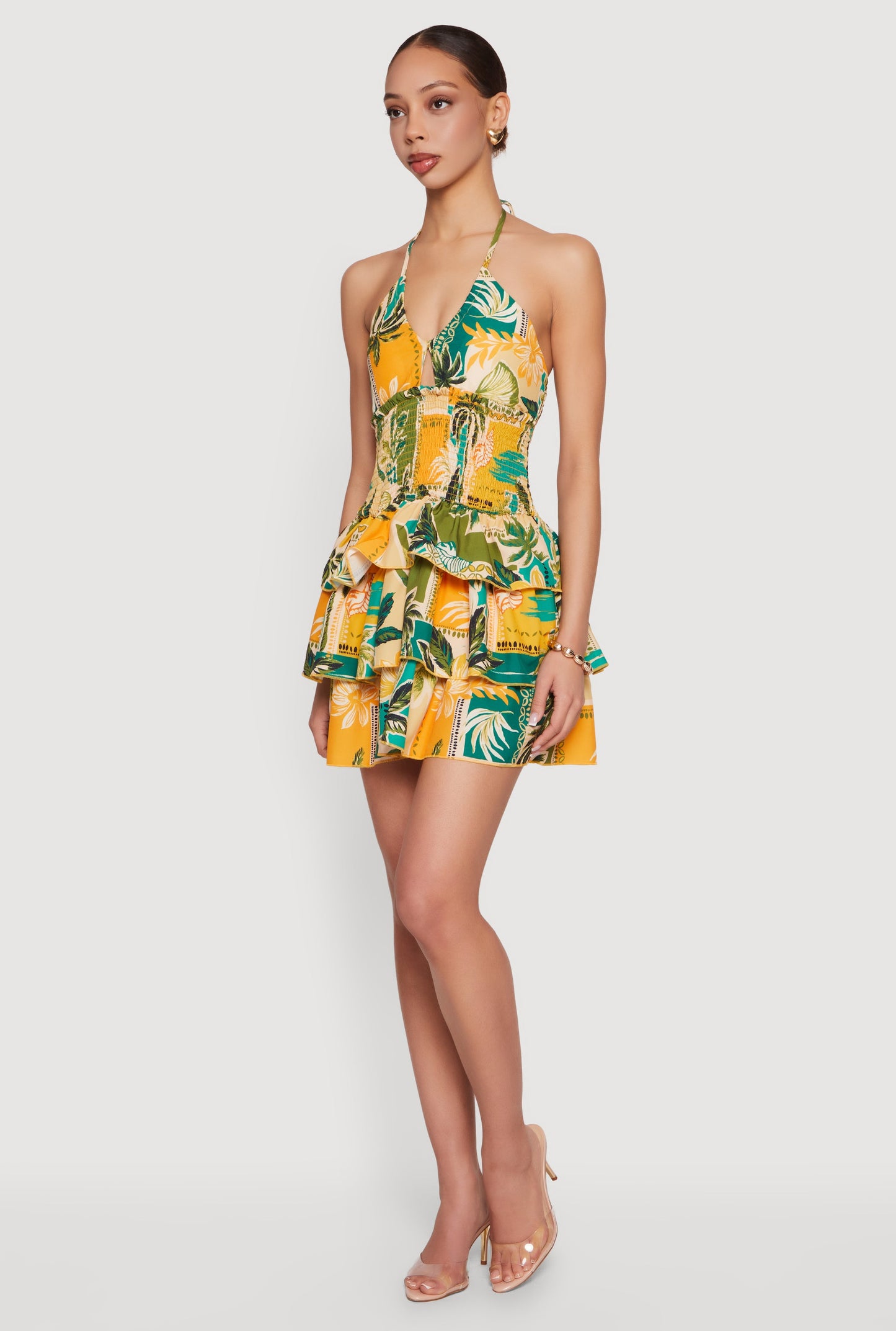 Tropical Border Print Smocked Tiered Ruffle Halter Dress