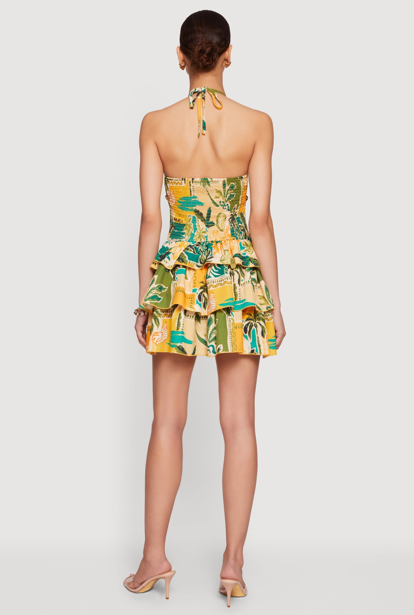 Tropical Border Print Smocked Tiered Ruffle Halter Dress