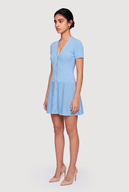 Rib Knit Short Sleeve Button Front Mini Dress