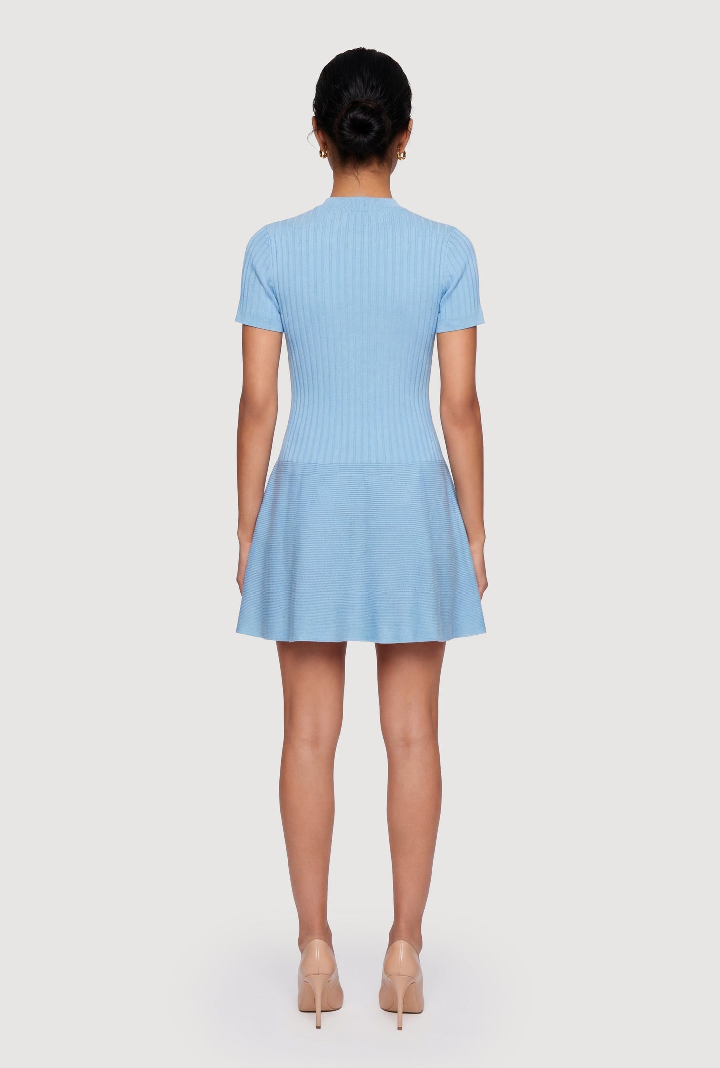 Rib Knit Short Sleeve Button Front Mini Dress