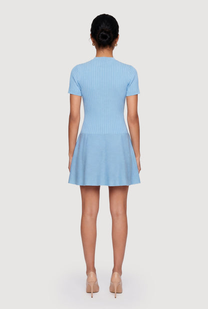 Rib Knit Short Sleeve Button Front Mini Dress