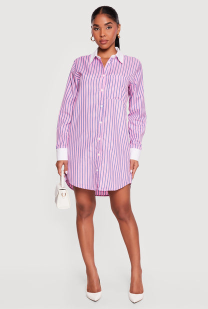 Striped Poplin Button Front Mini Shirt Dress