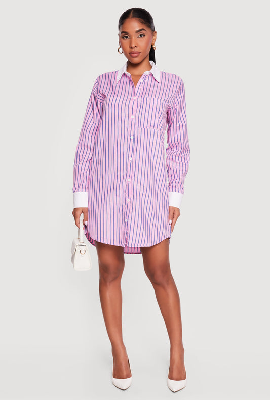 Striped Poplin Button Front Mini Shirt Dress