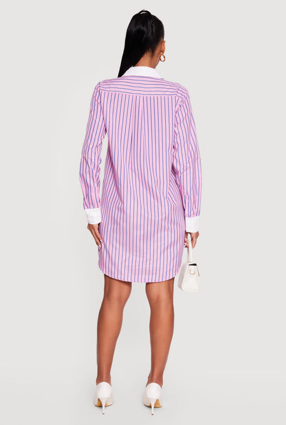 Striped Poplin Button Front Mini Shirt Dress