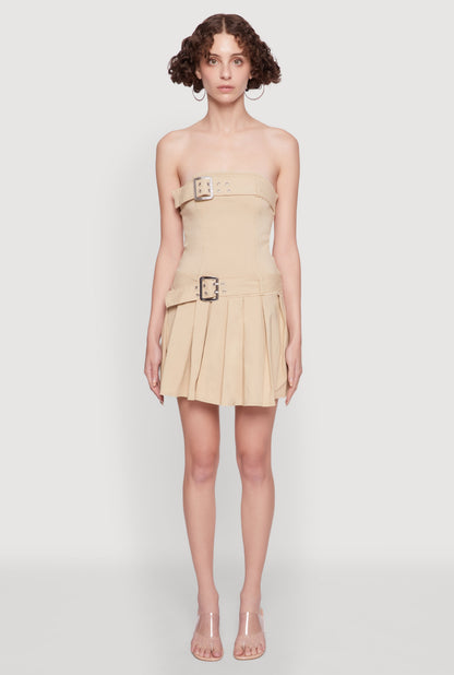 Strapless Double Belted Pleated Skater Dress
