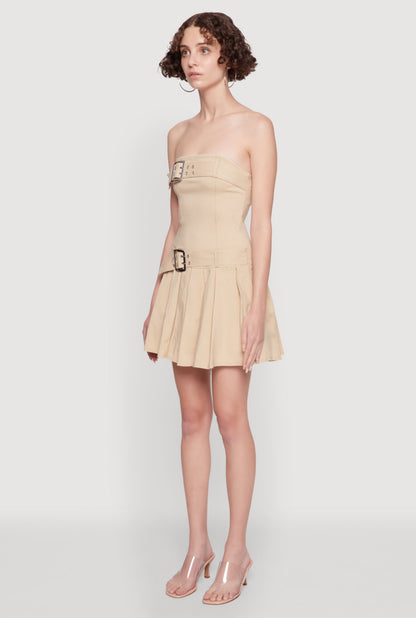 Strapless Double Belted Pleated Skater Dress