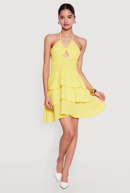 Smocked Tiered Ruffle Halter Neck Mini Dress