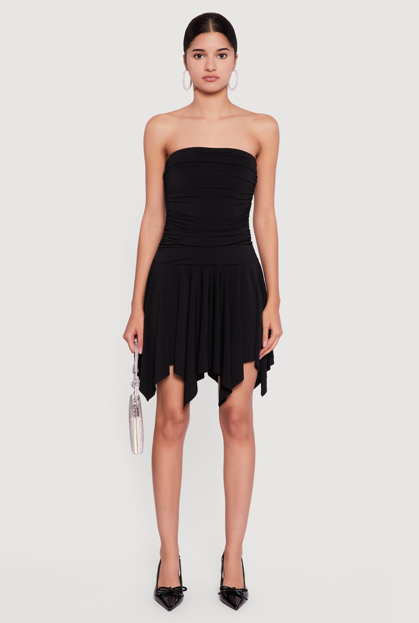 Strapless Ruched Dress with Handkerchief Hem