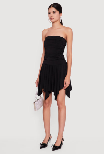 Strapless Ruched Dress with Handkerchief Hem