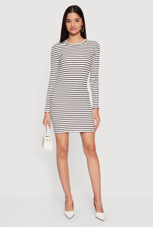Striped Long Sleeve Ribbed Knit Mini Dress