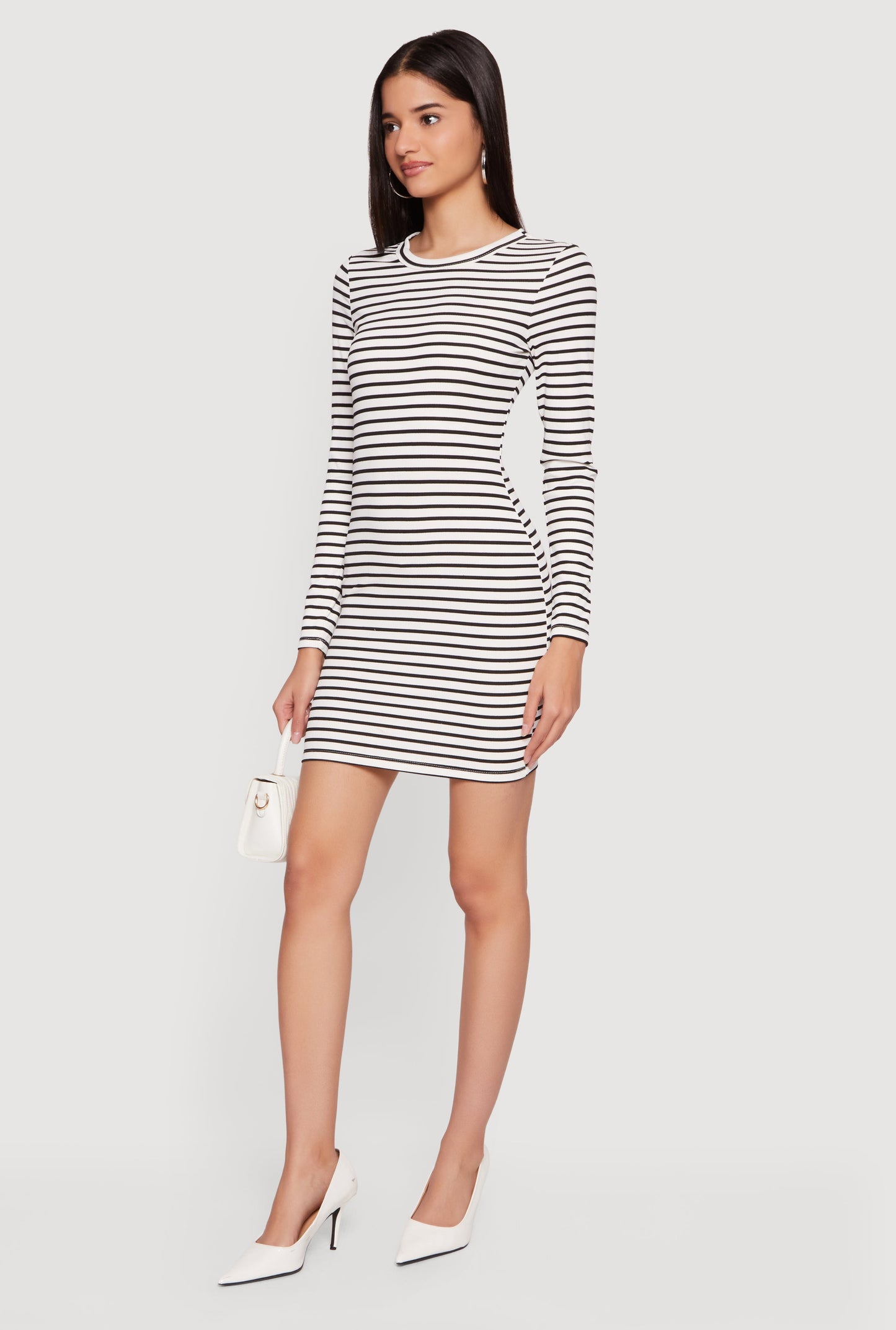 Striped Long Sleeve Ribbed Knit Mini Dress