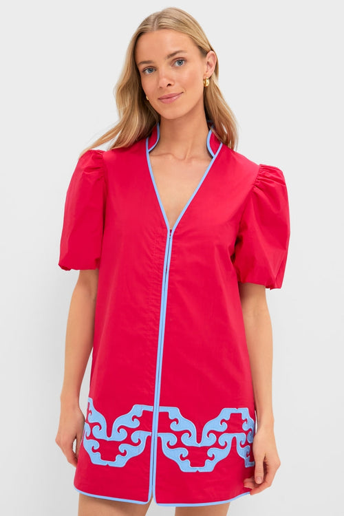 Red & Cornflower Blue Embroidered Arem Caftan