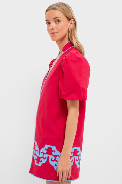 Red & Cornflower Blue Embroidered Arem Caftan