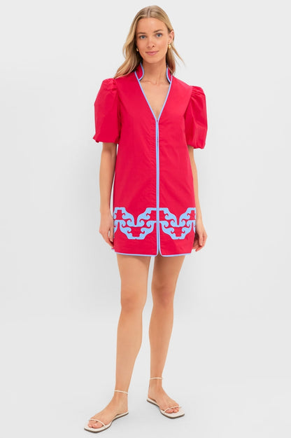 Red & Cornflower Blue Embroidered Arem Caftan