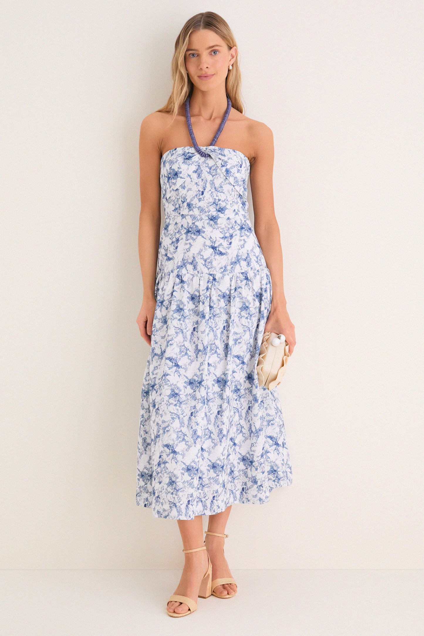 Navy Watercolor Beaded Halter Natalie Midi Dress