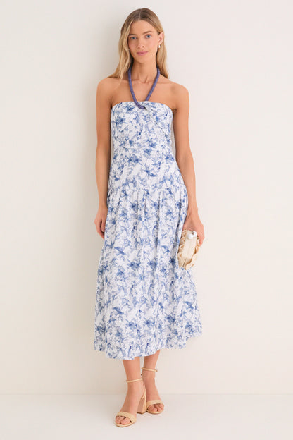 Navy Watercolor Beaded Halter Natalie Midi Dress
