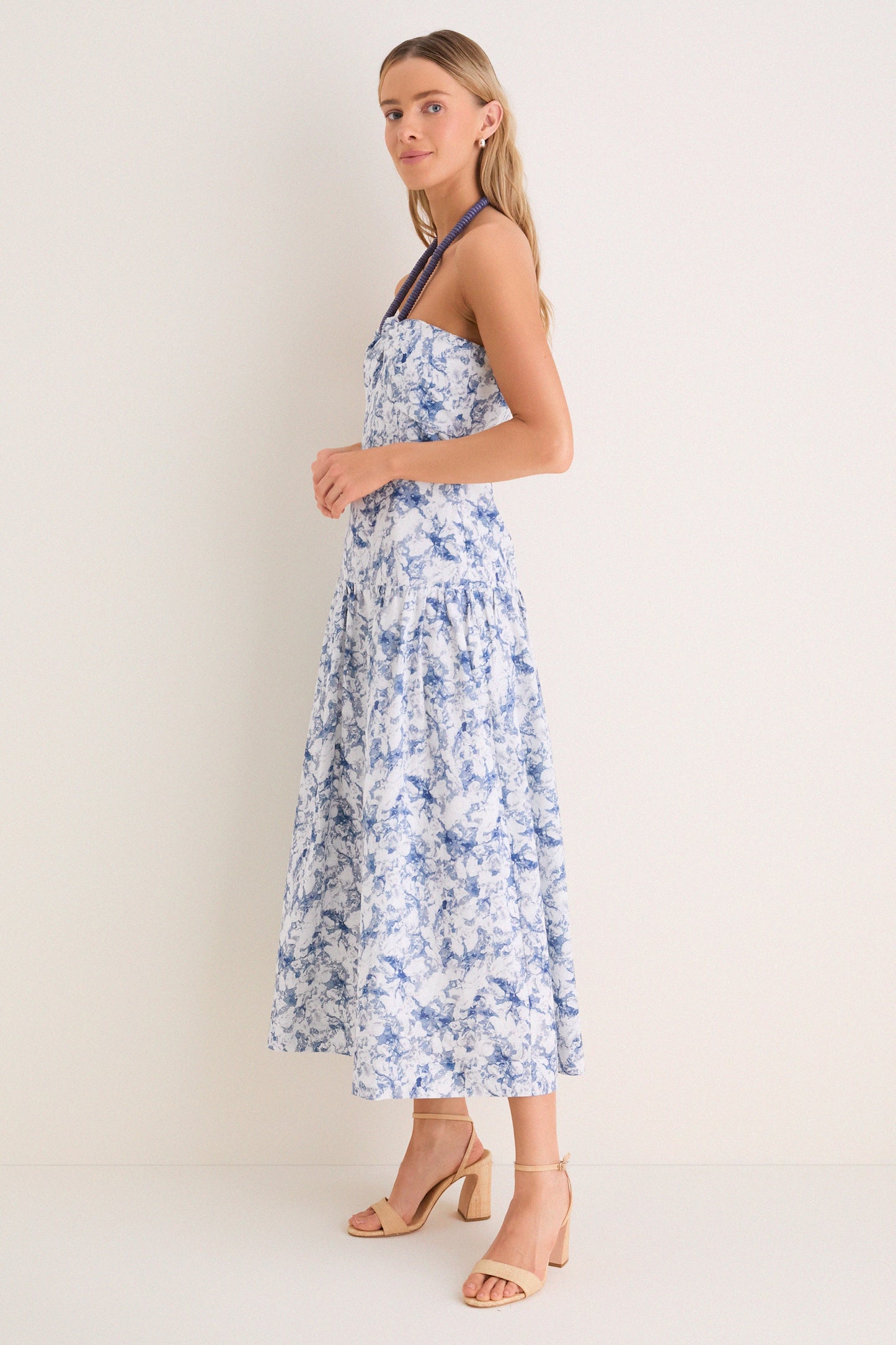 Navy Watercolor Beaded Halter Natalie Midi Dress