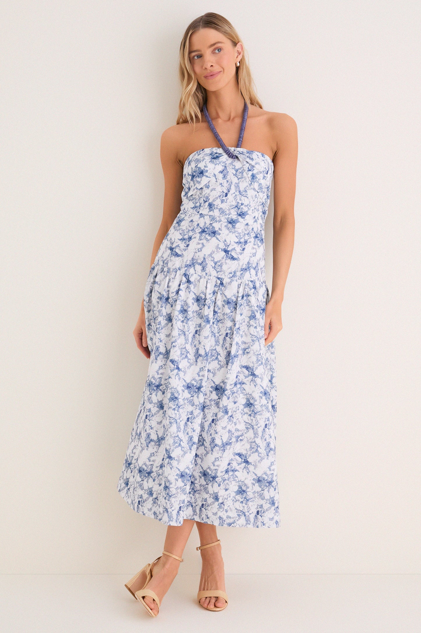 Navy Watercolor Beaded Halter Natalie Midi Dress