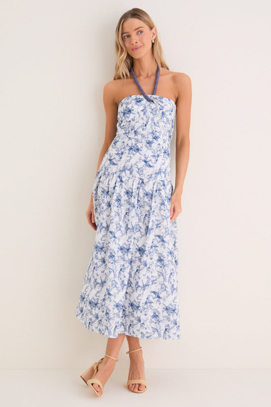 Navy Watercolor Beaded Halter Natalie Midi Dress