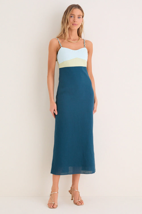 Ocean Mist Colorblock Linen Hailey Maxi Dress