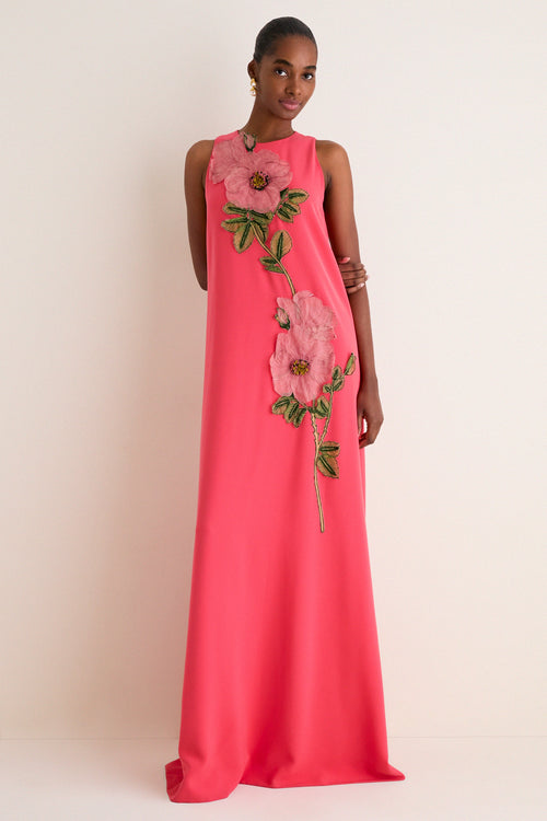 Watermelon Peony Embroidered Crepe Francie Gown