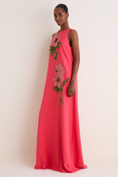 Watermelon Peony Embroidered Crepe Francie Gown