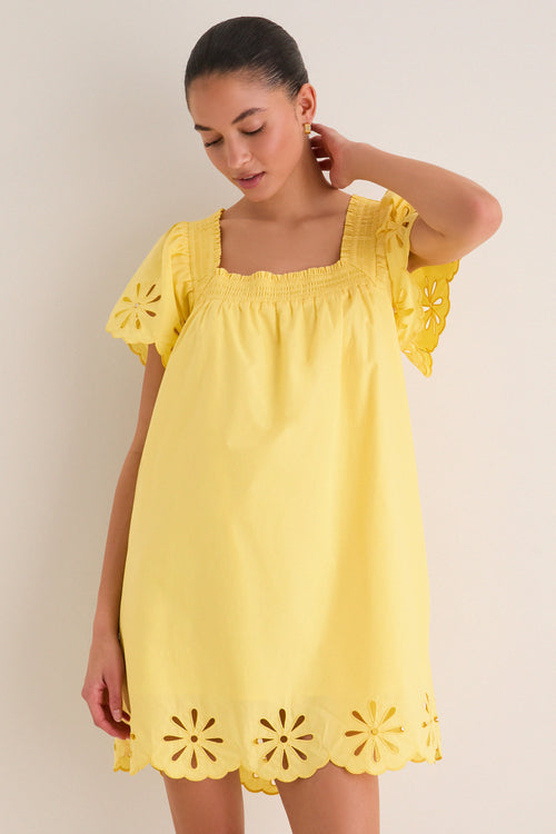 Yellow Floral Eyelet Daisy Mini Dress