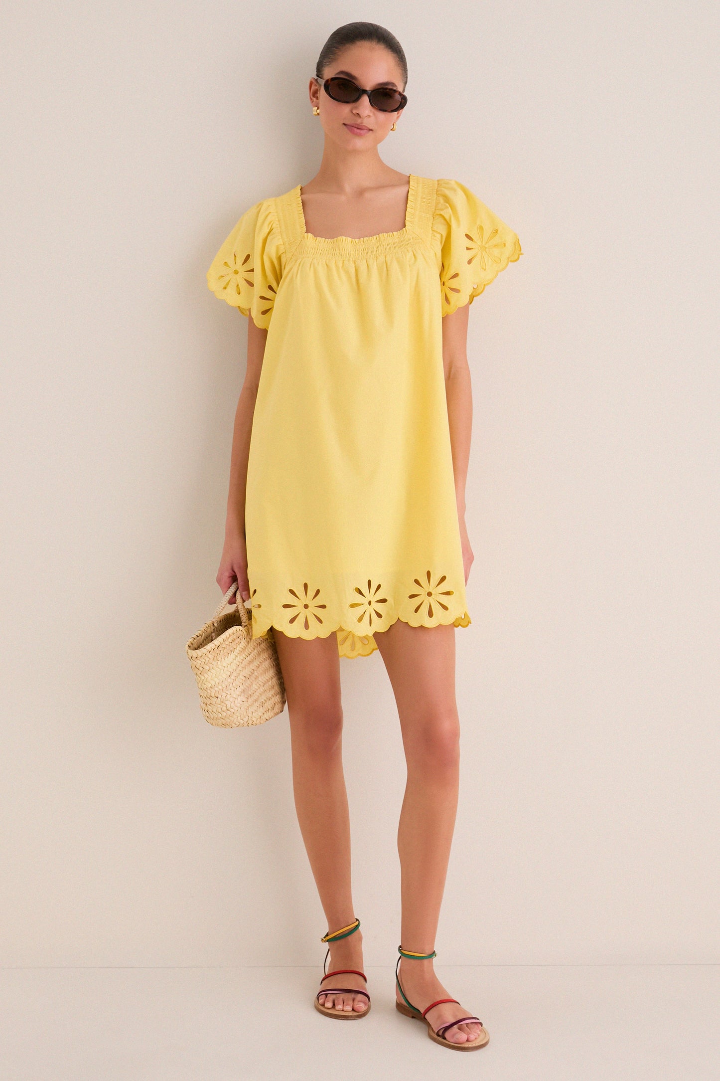 Yellow Floral Eyelet Daisy Mini Dress