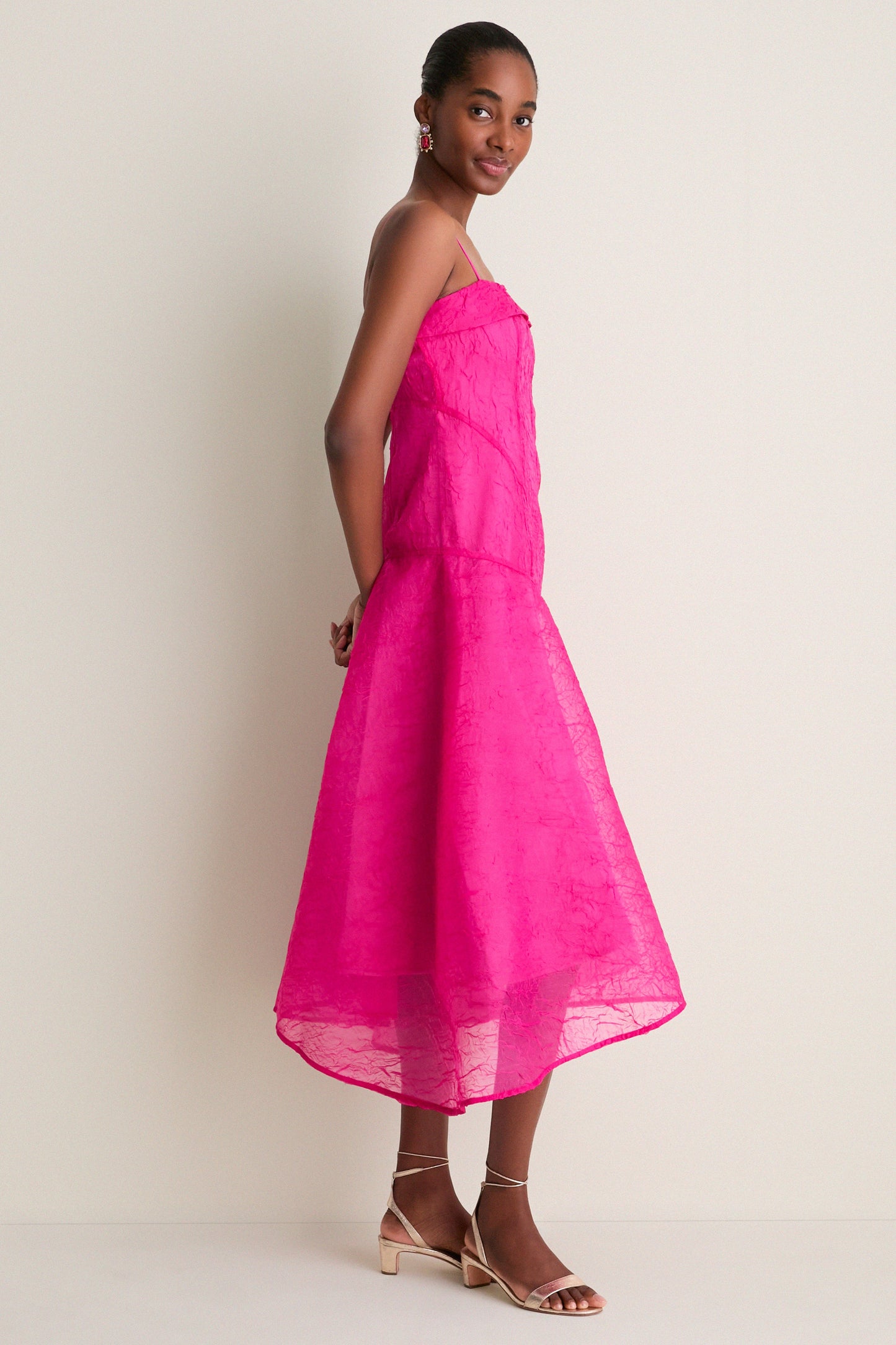 Raspberry Rose Shibori Organza Long Asymmetric Dress