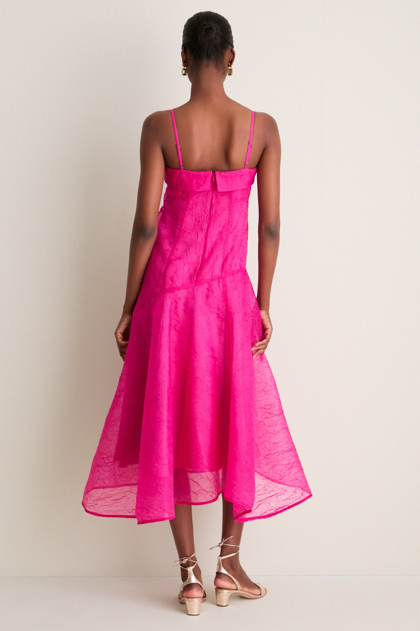 Raspberry Rose Shibori Organza Long Asymmetric Dress