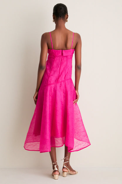 Raspberry Rose Shibori Organza Long Asymmetric Dress